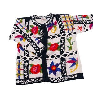 Colorful Vintage Floral Knit Cardigan Sweater M The Import Workshop 55% Ramie 45